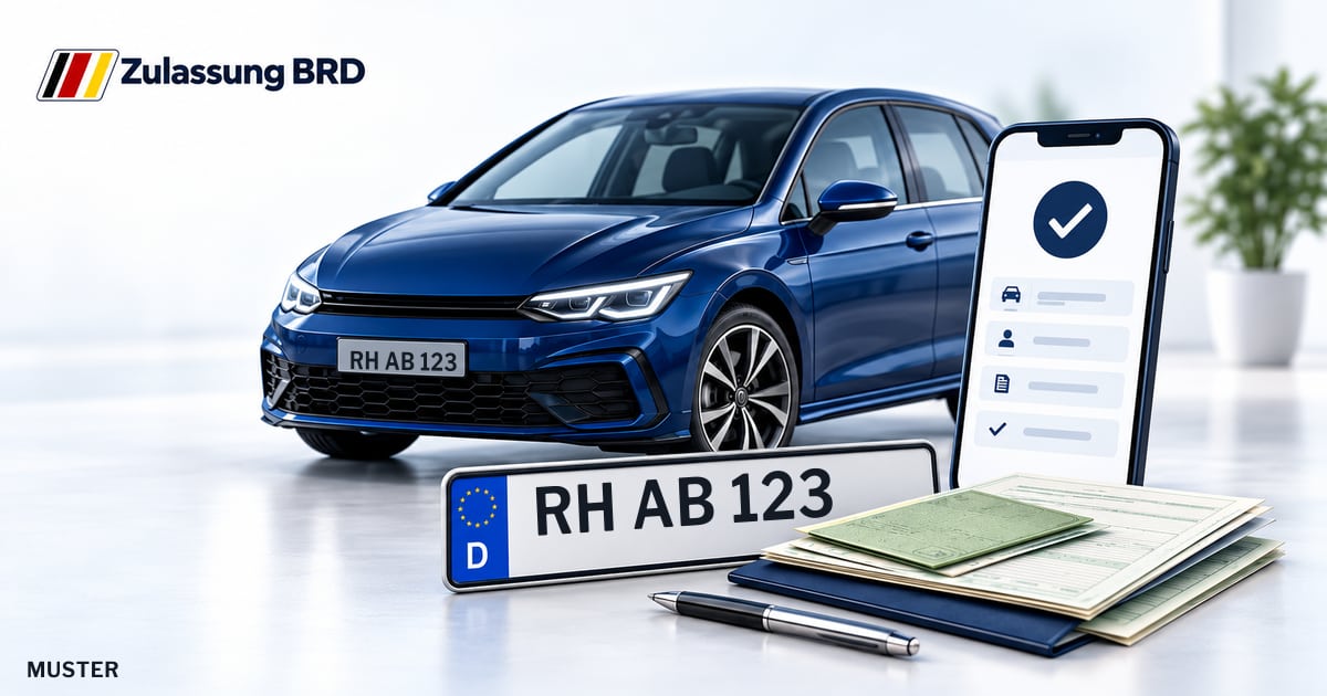 Online Fahrzeugzulassung in Wendelstein: Musterkennzeichen RH AB 123, Auto und Fahrzeugpapiere und Smartphone. Illustration mit Logo von Zulassung BRD.